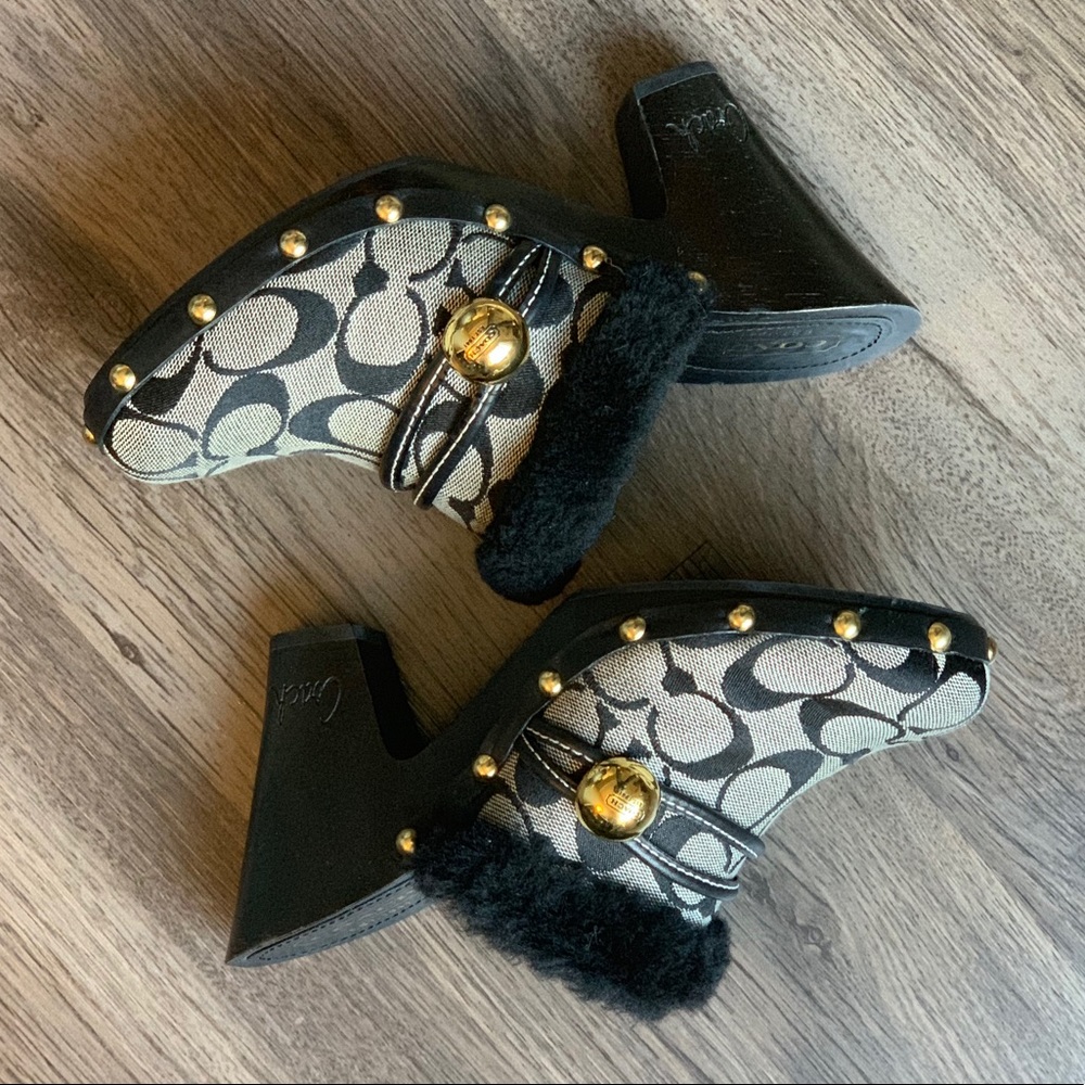 Coach Black & Grey Logo Ivanka Faux Fur Clogs - Picture 2 of 8